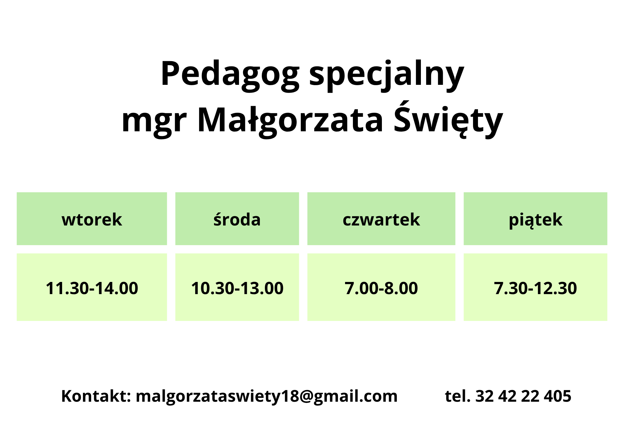 Pedagog specjalny mgr Małgorzata Święty. Kontakt malgorzataswiety18@gmail.com, tel:32 42 22 405