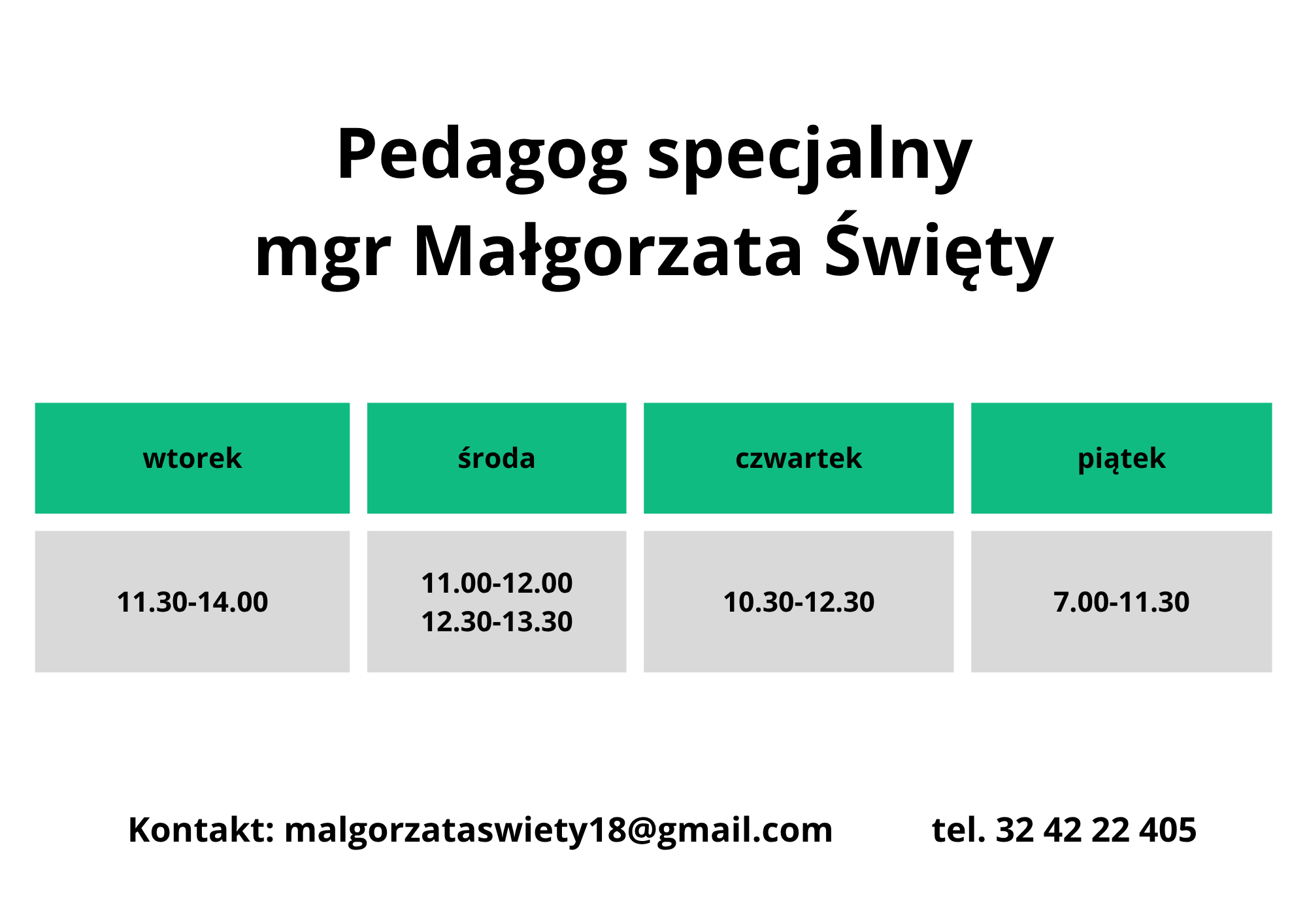 Pedagog specjalny mgr Małgorzata Święty. Kontakt malgorzataswiety18@gmail.com, tel:32 42 22 405