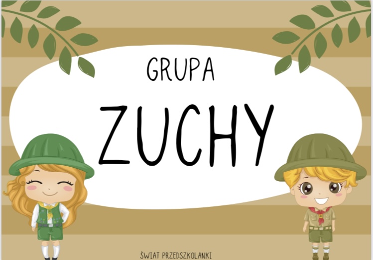 Plakat z napisem grupa Zuchy oraz rysunkiem chłopca i dziewczynki ubranych jak zuchy