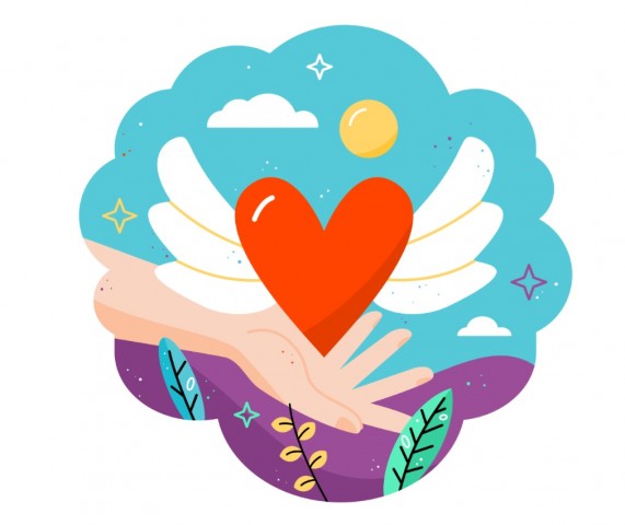 Plakat fundacji "Gdy liczy się czas" (serce, dłoń, skrzydła)