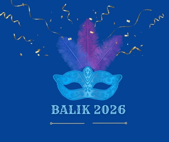 Plakat z napisem Balik 20206. Niebieskie tło oraz grafika maski karnawałowej z piórami