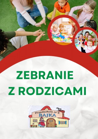 plakat z hasłem zebranie z rodzicami + logo przedszkola, w tle dzieci siedzące w kole bez twarzy