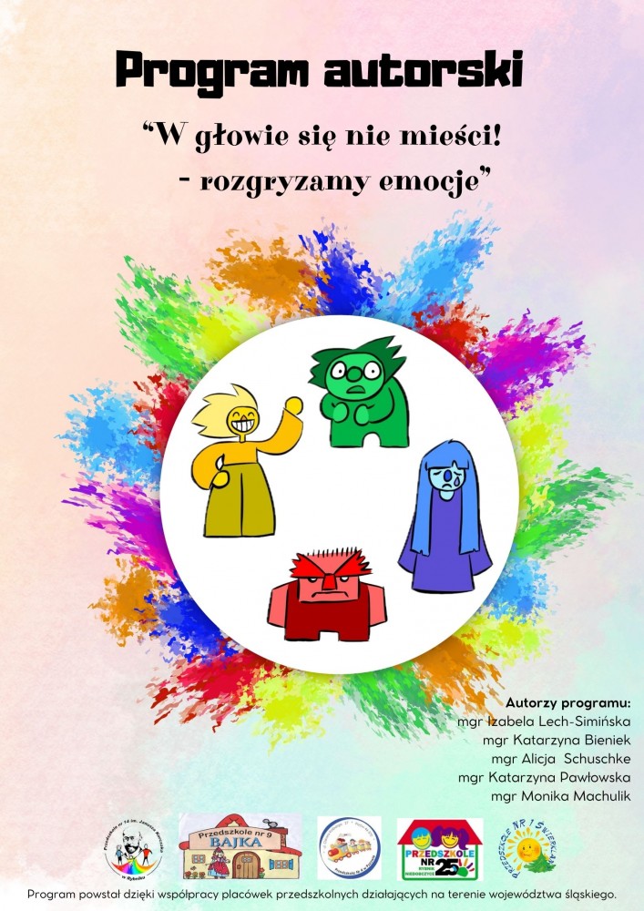 Plakat informujący o realizowanym programie w przedszkolu pt.: "W głowie się nie mieści! - rozgryzamy emocje". Autorkami programu są : Izabela Lech-Simińska, Katarzyna Bienie z P09 w Rybniku oraz Alicja Schuschke, Katarzyna Pawłowska, Monika Machulik